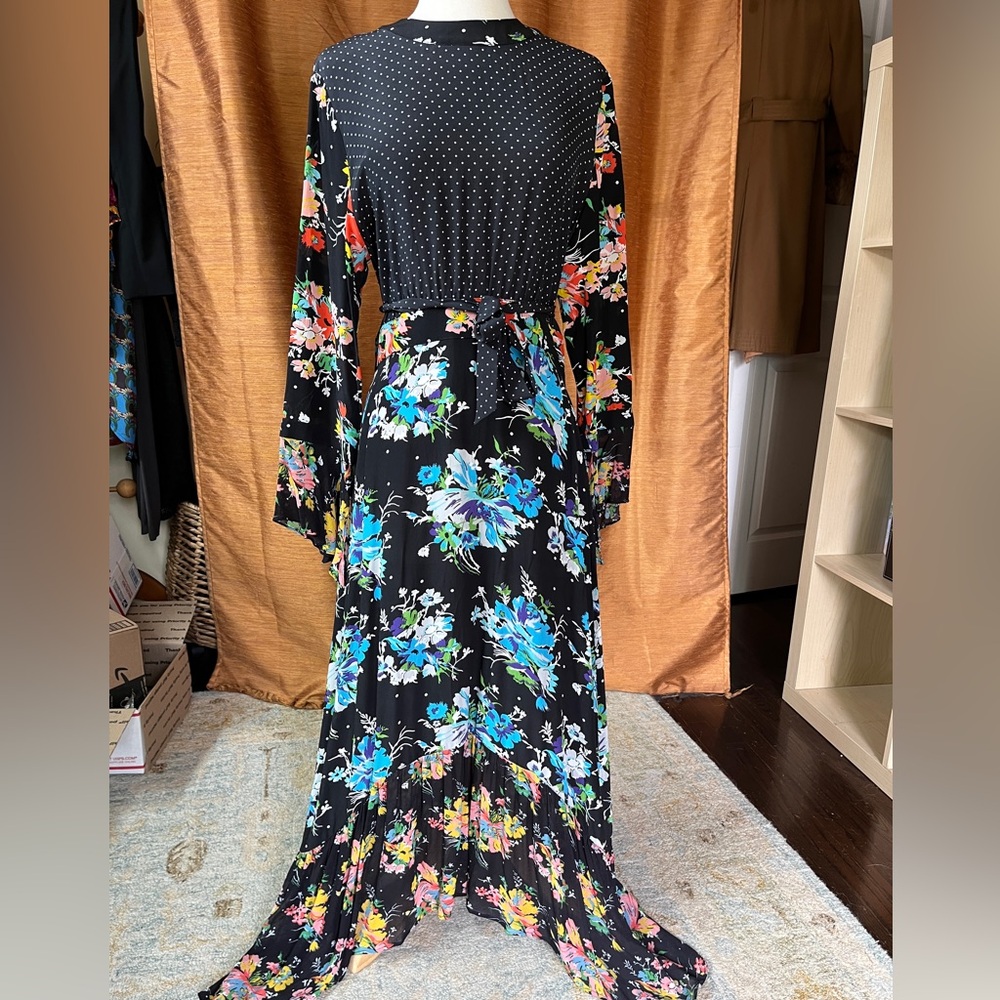 RIXO Black multi polka dot floral silk Maxi Dress fits 6-8 (tag says XL)